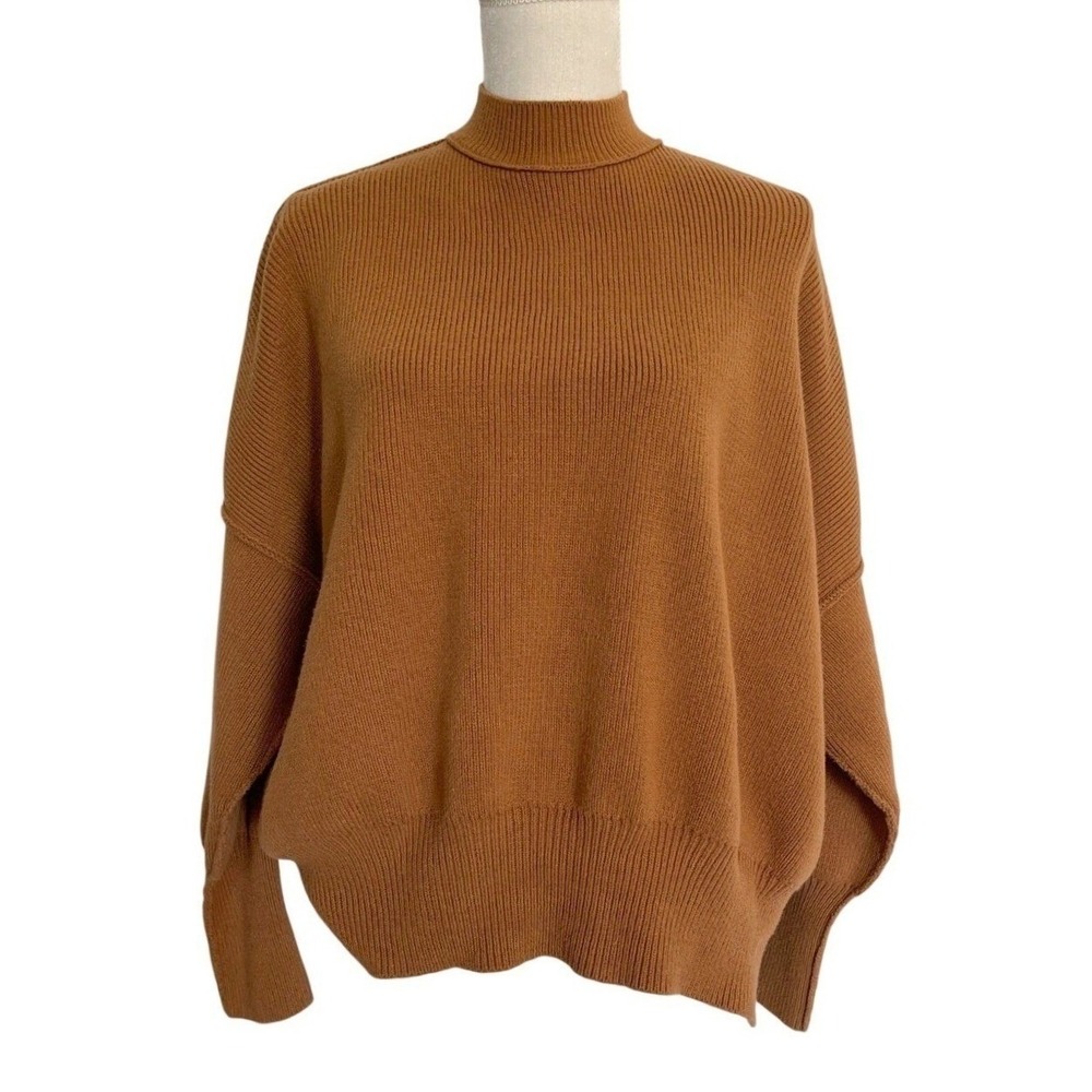 Free People Womens S Ribbed Mock Neck Oversized Tunic Sweater Brown Cozy Boho